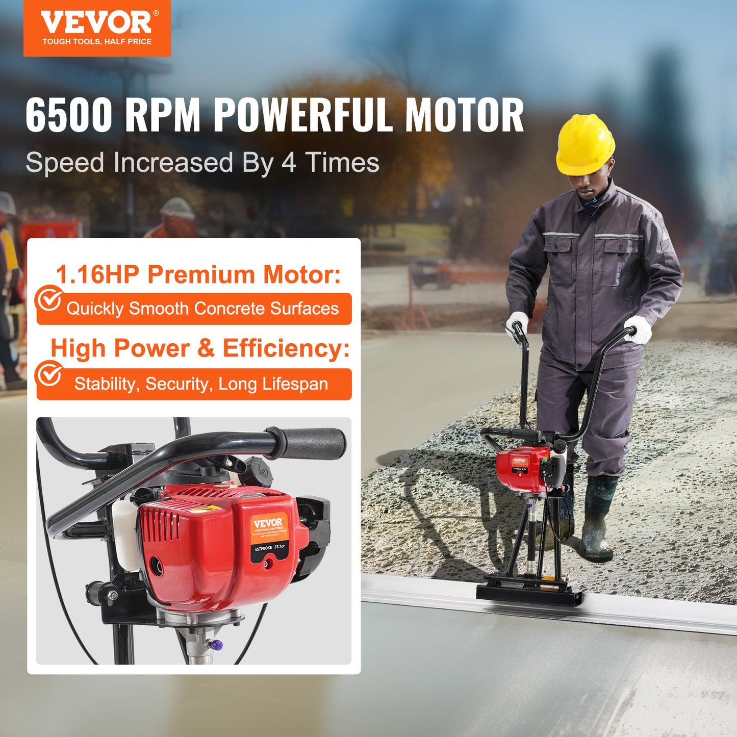 Gas Concrete Power Screed, with 1830mm Aluminum Board Straight Edge Bar Set, 4 Stroke Cement Finishing Vibrating Motor with Height Adjustable Handles, High Efficient Concrete Tools 6500RPM