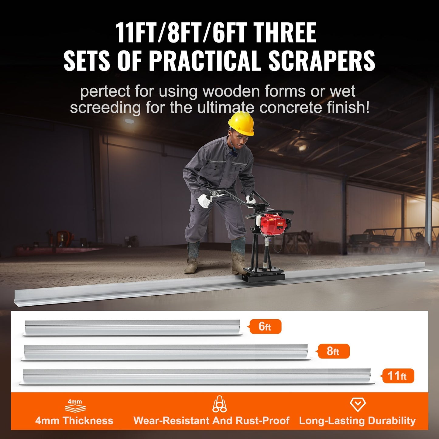 Gas Concrete Power Screed, 6ft/8ft/11ft Aluminum Board Straight Edge Bar Set, 4 Stroke Cement Finishing Vibrating Motor with Height Adjustable Handles, High Efficient Concrete Tools 6500RPM