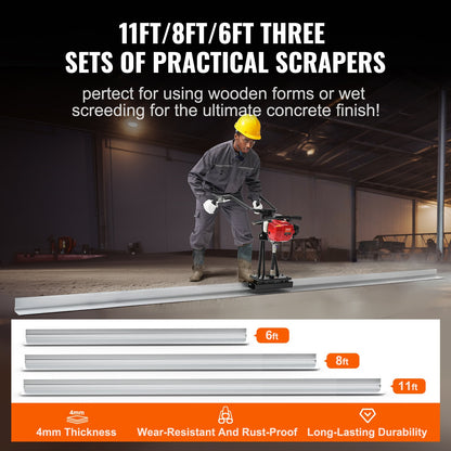 Gas Concrete Power Screed, 6ft/8ft/11ft Aluminum Board Straight Edge Bar Set, 4 Stroke Cement Finishing Vibrating Motor with Height Adjustable Handles, High Efficient Concrete Tools 6500RPM