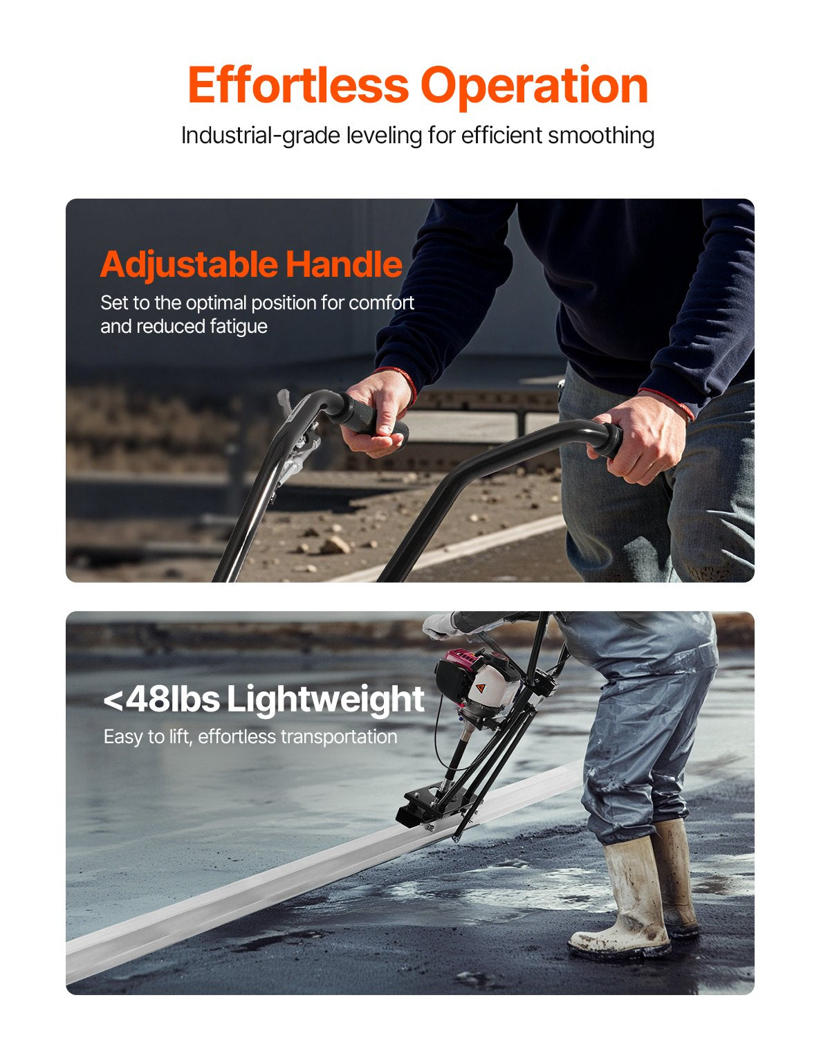 Concrete Power Screed, 4 ft Aluminum Board Straight Edge Bar Set, 4 Stroke Cement Finishing Vibrating Motor with Height Adjustable Handles, High Efficient Concrete Tool 6500RPM