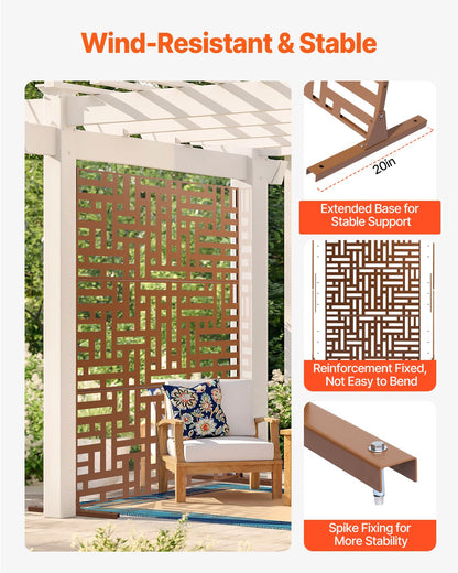 Metallskärm, 91 cm B x 183 cm H, Utomhusskärmar och paneler, Fristående utomhusavdelare med stativ, Dekorativt trädgårdsstaket i stål med 3 paneler för balkong, uteplats, inomhusrum, brunt