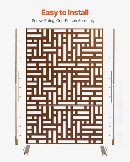 Metallskärm, 91 cm B x 183 cm H, Utomhusskärmar och paneler, Fristående utomhusavdelare med stativ, Dekorativt trädgårdsstaket i stål med 3 paneler för balkong, uteplats, inomhusrum, brunt