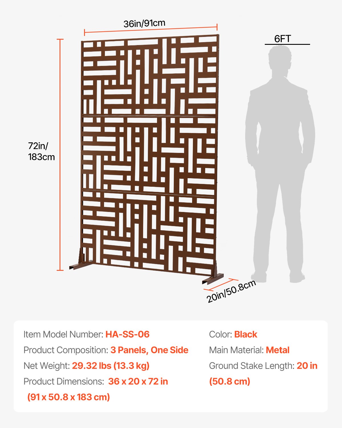 Metallskärm, 91 cm B x 183 cm H, Utomhusskärmar och paneler, Fristående utomhusavdelare med stativ, Dekorativt trädgårdsstaket i stål med 3 paneler för balkong, uteplats, inomhusrum, brunt