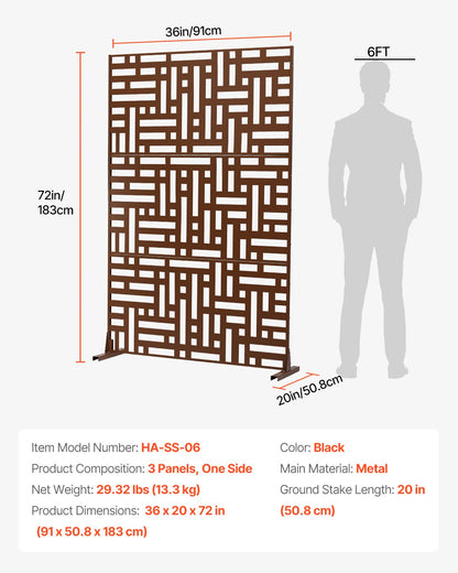 Metallskärm, 91 cm B x 183 cm H, Utomhusskärmar och paneler, Fristående utomhusavdelare med stativ, Dekorativt trädgårdsstaket i stål med 3 paneler för balkong, uteplats, inomhusrum, brunt