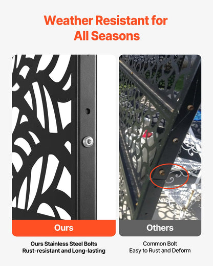 Metallskärm, 113 cm B x 183 cm H, Utomhusskärmar och paneler, Fristående utomhusavdelare med stativ, Dekorativt trädgårdsstaket i stål med 3 paneler för balkong, uteplats, inomhusrum, svart