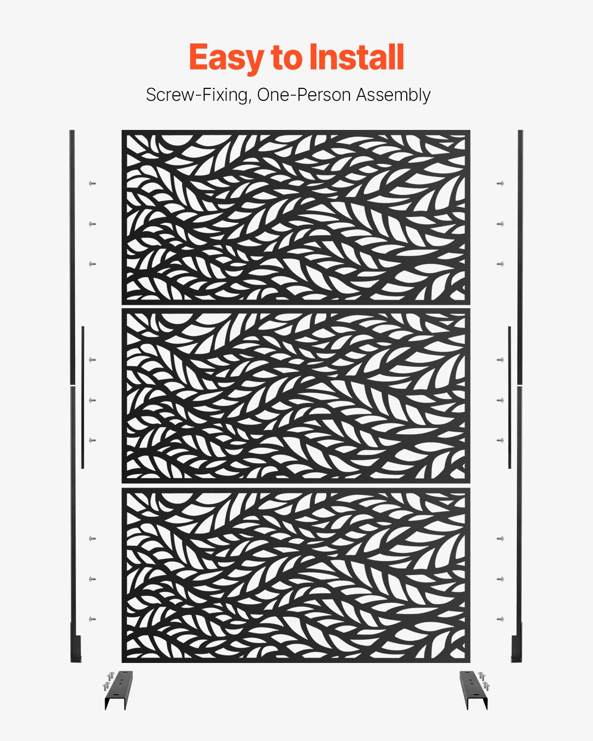 Metallskärm, 113 cm B x 183 cm H, Utomhusskärmar och paneler, Fristående utomhusavdelare med stativ, Dekorativt trädgårdsstaket i stål med 3 paneler för balkong, uteplats, inomhusrum, svart