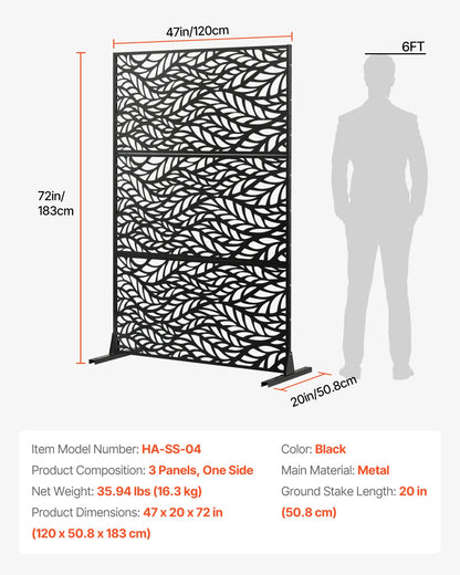 Metallskärm, 113 cm B x 183 cm H, Utomhusskärmar och paneler, Fristående utomhusavdelare med stativ, Dekorativt trädgårdsstaket i stål med 3 paneler för balkong, uteplats, inomhusrum, svart