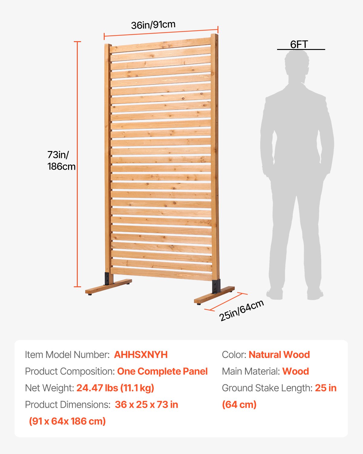 Wooden Privacy Screen, 36" W x 76" H Outdoor Privacy Screen, Freestanding Wood Privacy Panel with Stand, Decorative Patio Privacy Screen, Outdoor Divider for Balcony Patio Lawn Garden