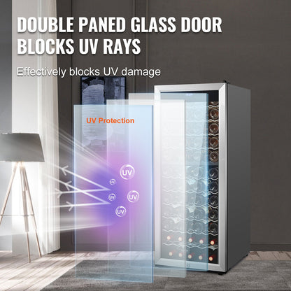 Vinkyl för 80 flaskor, vinkyl med dubbla zoner och dubbla temperaturer, fristående kylskåp med cirkulerande luftkylning och digital styrning, spegelglasdörr med UV-skydd, för hemmabar