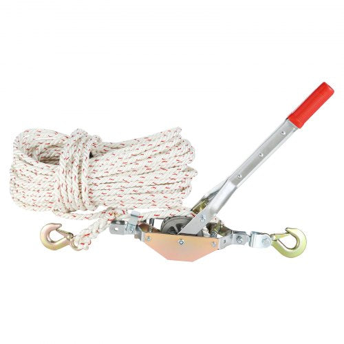 Rope Puller, 3/4 Ton (750 kg) Pulling Capacity, with 30.48 m of 1.52 cm dia. Rope, 2 Hook, Come Along Winch, Heavy Duty Ratchet Power Puller Tool for Moving Boats, Securing Items, Transporting Logs