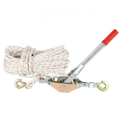 Rope Puller, 3/4 Ton (750 kg) Pulling Capacity, with 30.48 m of 1.52 cm dia. Rope, 2 Hook, Come Along Winch, Heavy Duty Ratchet Power Puller Tool for Moving Boats, Securing Items, Transporting Logs