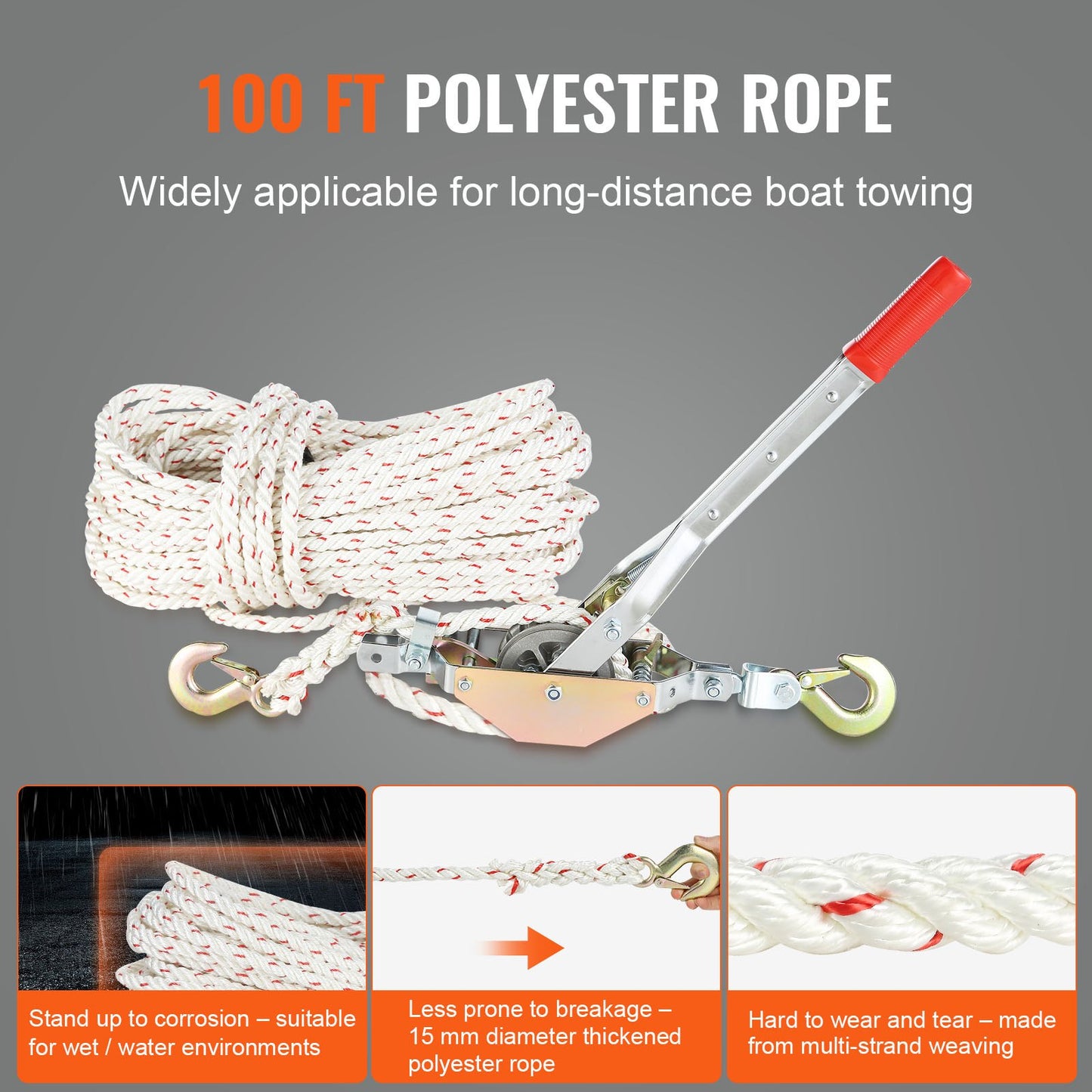 Rope Puller, 3/4 Ton (750 kg) Pulling Capacity, with 30.48 m of 1.52 cm dia. Rope, 2 Hook, Come Along Winch, Heavy Duty Ratchet Power Puller Tool for Moving Boats, Securing Items, Transporting Logs