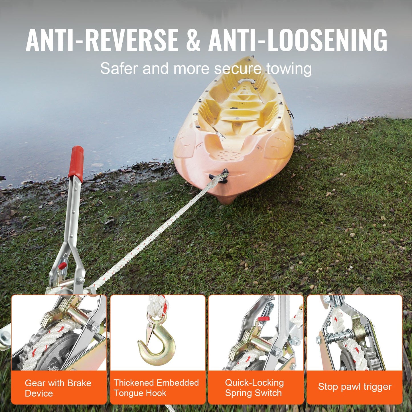 Rope Puller, 3/4 Ton (750 kg) Pulling Capacity, with 30.48 m of 1.52 cm dia. Rope, 2 Hook, Come Along Winch, Heavy Duty Ratchet Power Puller Tool for Moving Boats, Securing Items, Transporting Logs