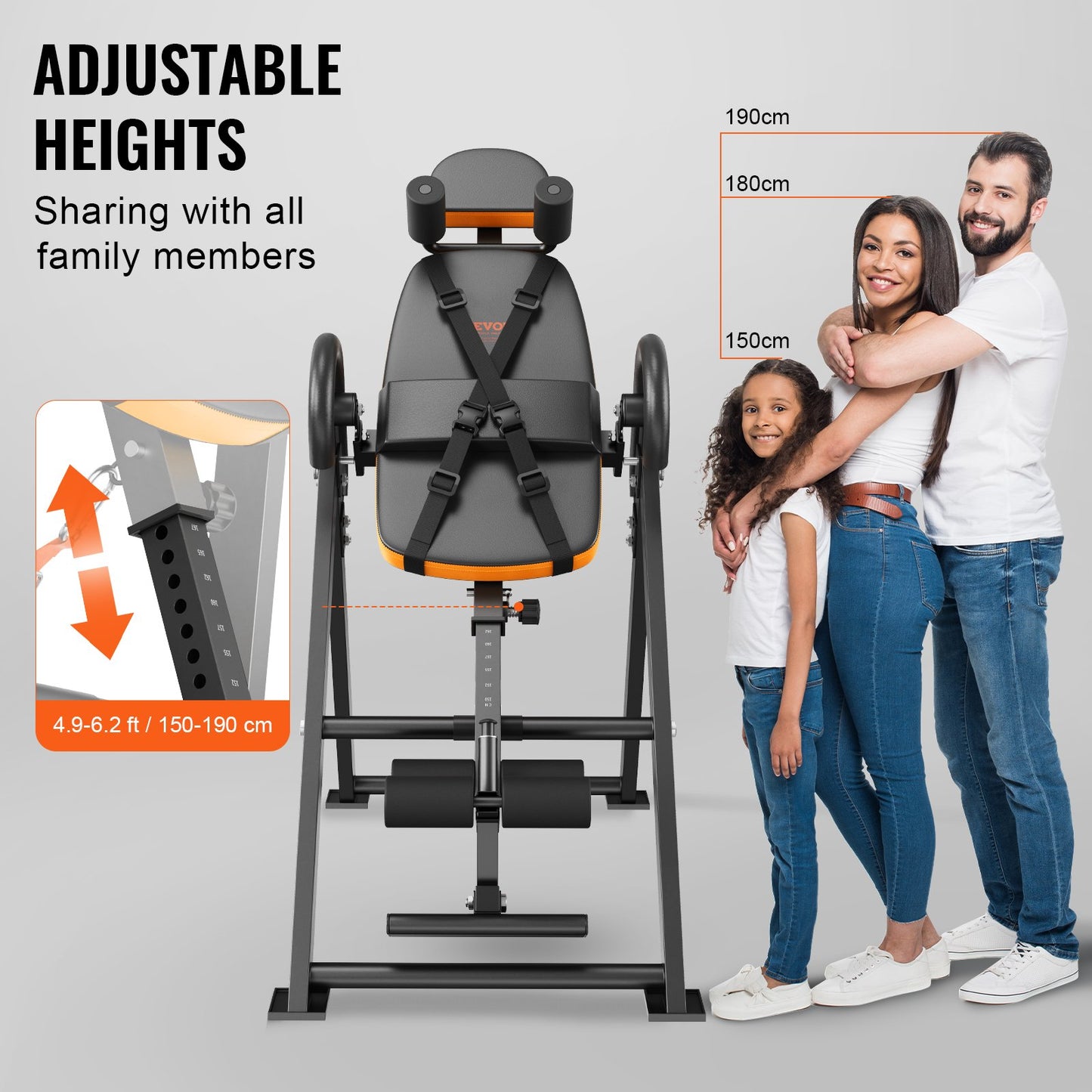 Inversionsbord, 136 kg kapacitet, kraftig inversionsbord, dekompressionsmaskin för ryggbår, styrketräningsutrustning med nackstöd, fotledslås, justerbart skyddsbälte, orange/svart