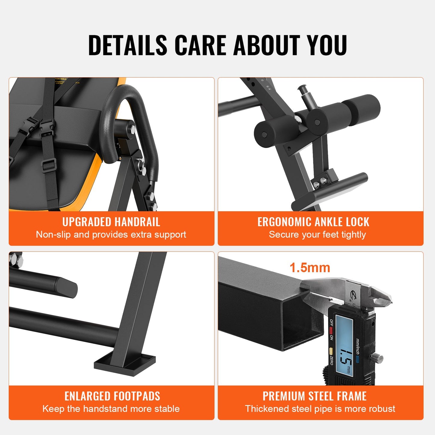 Inversionsbord, 136 kg kapacitet, kraftig inversionsbord, dekompressionsmaskin för ryggbår, styrketräningsutrustning med nackstöd, fotledslås, justerbart skyddsbälte, orange/svart