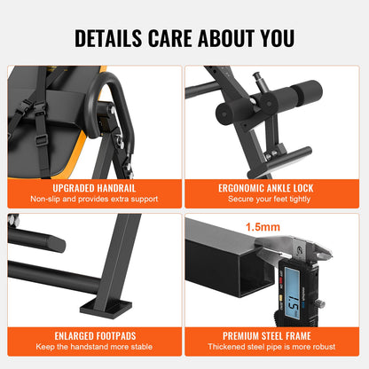Inversionsbord, 136 kg kapacitet, kraftig inversionsbord, dekompressionsmaskin för ryggbår, styrketräningsutrustning med nackstöd, fotledslås, justerbart skyddsbälte, orange/svart
