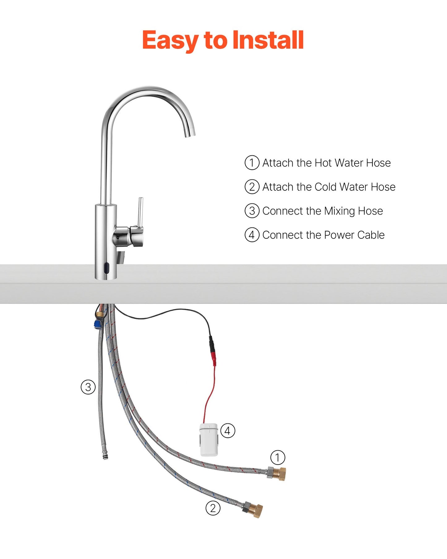 Touchless Kitchen Bar Sink Faucet, Single Handle Automatic Motion Sensor Bathroom Faucet, Hands-Free Adjustable Cold Hot Water Mixer Flexible Swivel for 9.5 mm Pipe,Chrome Plated Silver