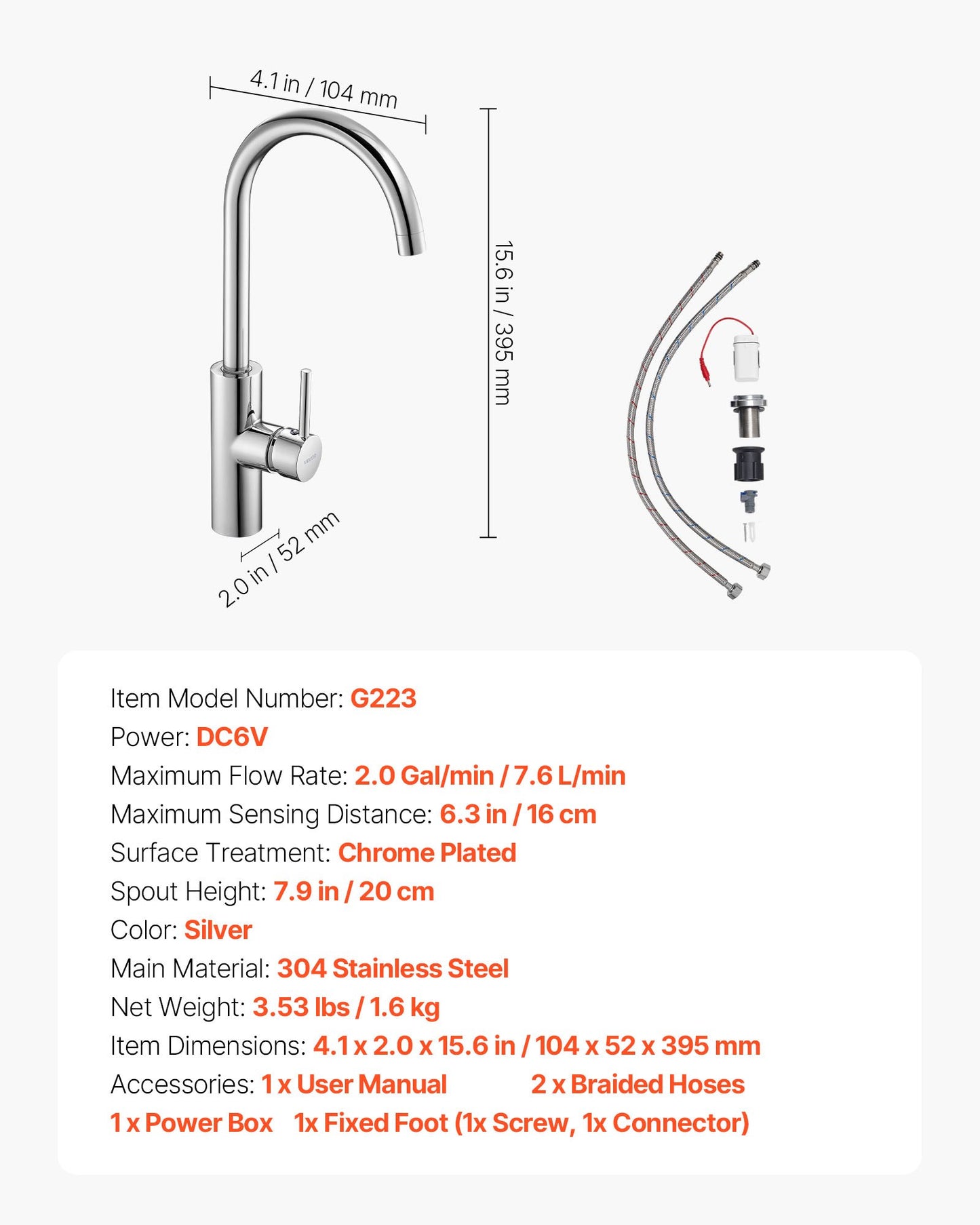 Touchless Kitchen Bar Sink Faucet, Single Handle Automatic Motion Sensor Bathroom Faucet, Hands-Free Adjustable Cold Hot Water Mixer Flexible Swivel for 9.5 mm Pipe,Chrome Plated Silver