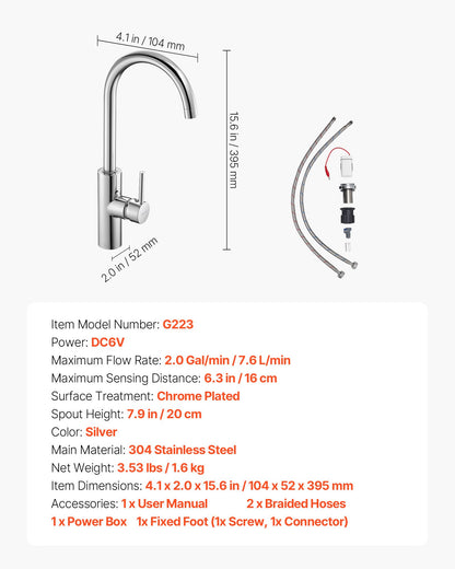 Touchless Kitchen Bar Sink Faucet, Single Handle Automatic Motion Sensor Bathroom Faucet, Hands-Free Adjustable Cold Hot Water Mixer Flexible Swivel for 9.5 mm Pipe,Chrome Plated Silver