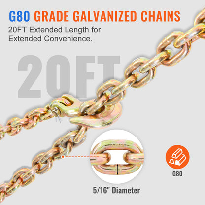 Ratchet Chain Binder, 5/16"-3/8" Heavy Duty Load Binders with G80 Chains, 7100 lbs Secure Load Limit, Labor-saving Anti-skid Handle, Tie Down Hauling Chain Binders for Flatbed Truck Trailer, 2 P