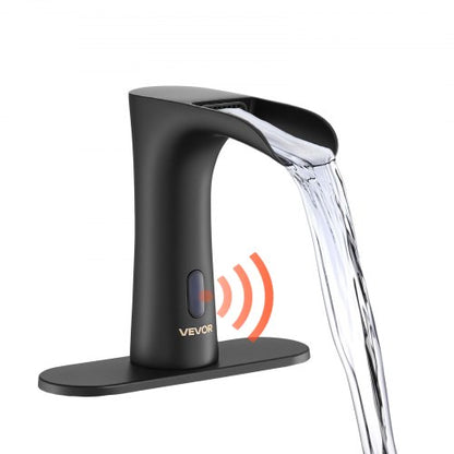 Touchless Bathroom Sink Faucet, Automatic Motion Sensor Waterfall Restroom Toilet Faucet with Hole Cover Plate, Modern Electronic Sensor Hot/Cold Water for 9.5 mm Pipe Commercial,Matte Black
