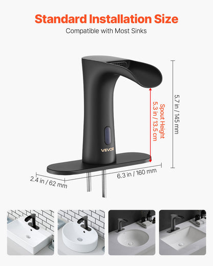 Touchless Bathroom Sink Faucet, Automatic Motion Sensor Waterfall Restroom Toilet Faucet with Hole Cover Plate, Modern Electronic Sensor Hot/Cold Water for 9.5 mm Pipe Commercial,Matte Black