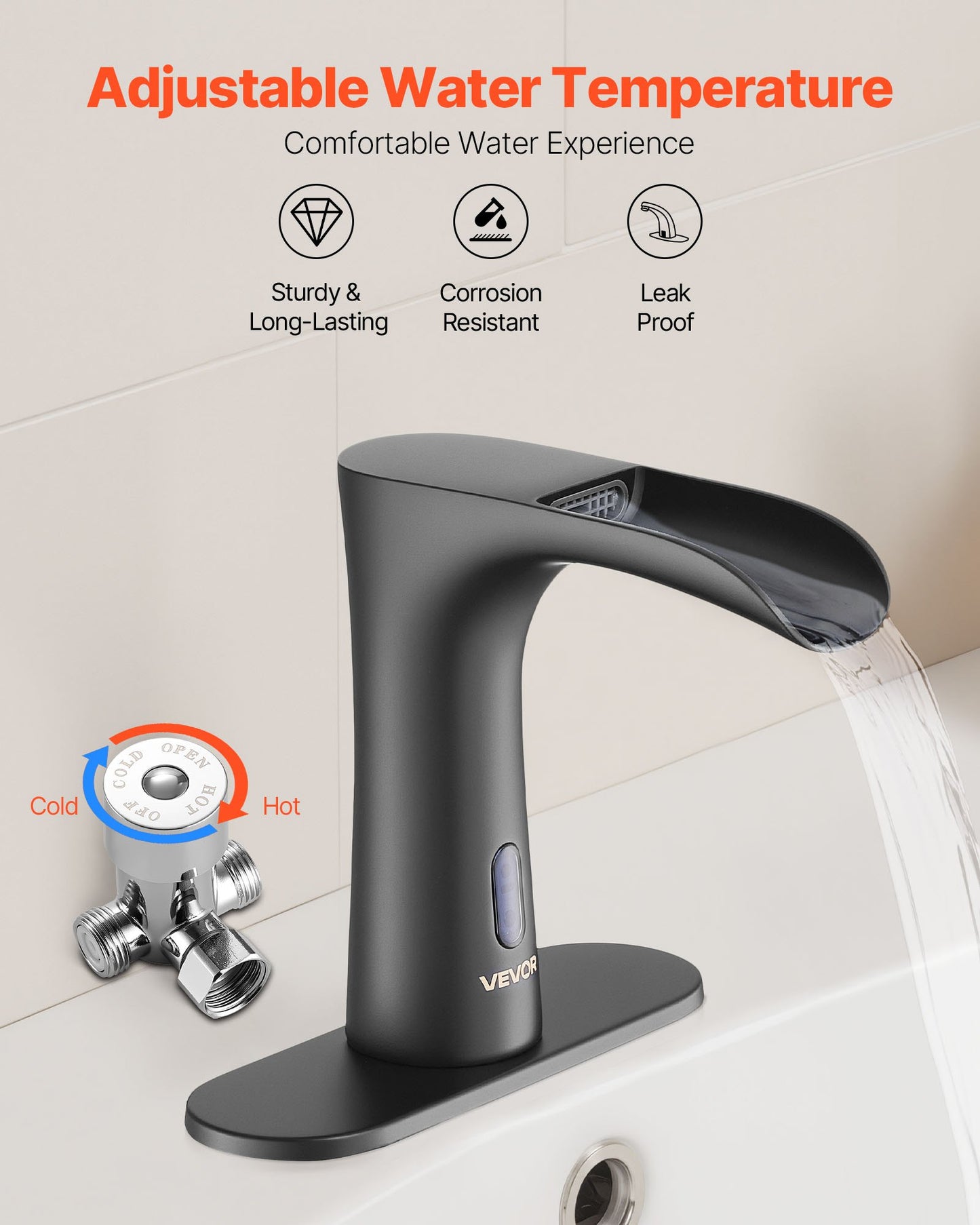 Touchless Bathroom Sink Faucet, Automatic Motion Sensor Waterfall Restroom Toilet Faucet with Hole Cover Plate, Modern Electronic Sensor Hot/Cold Water for 9.5 mm Pipe Commercial,Matte Black