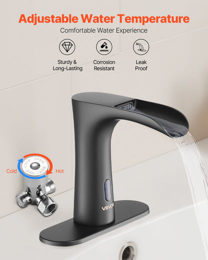 Touchless Bathroom Sink Faucet, Automatic Motion Sensor Waterfall Restroom Toilet Faucet with Hole Cover Plate, Modern Electronic Sensor Hot/Cold Water for 9.5 mm Pipe Commercial,Matte Black