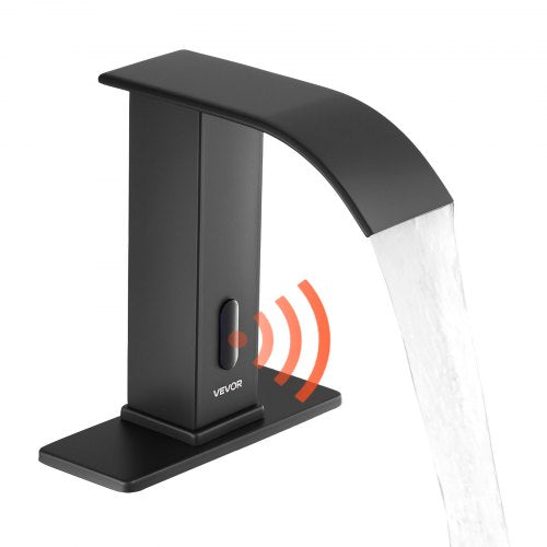 Beröringsfri badrumsblandare, automatisk rörelsesensor, vattenfall, toalettblandare med hål, batteridriven, varmt/kallt vatten för 9,5 mm rör, kommersiell toalett, mattsvart