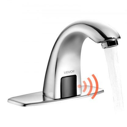 Touchless Bathroom Sink Faucet, Automatic Motion Sensor Restroom Toilet Faucet with Hole Cover Plate, Battery Operated,Adjustable Temp for 9.5 mm Pipe Commercial Lavatory,Chrome Plated Silver