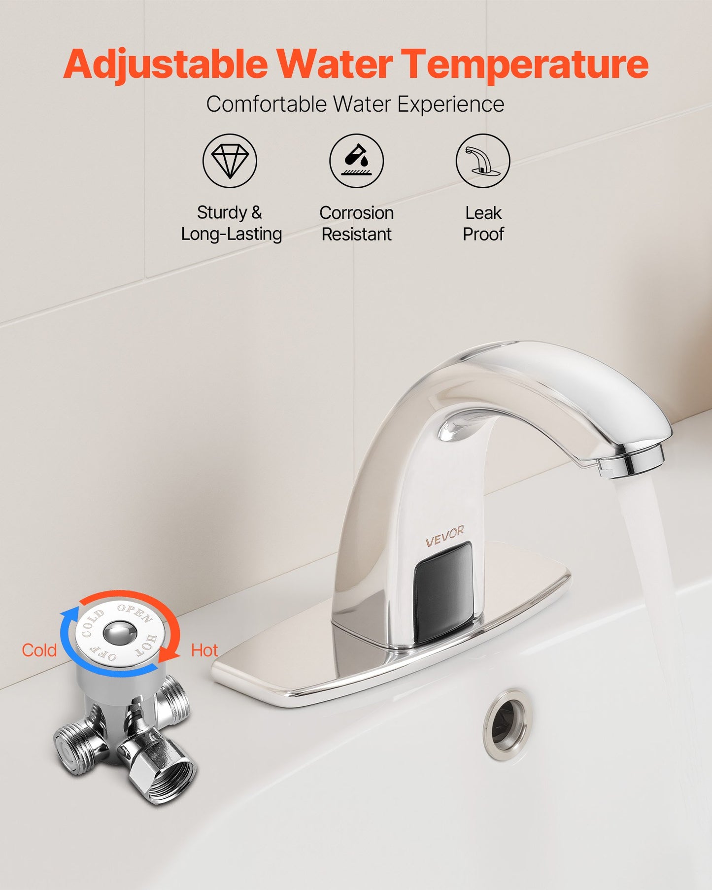Touchless Bathroom Sink Faucet, Automatic Motion Sensor Restroom Toilet Faucet with Hole Cover Plate, Battery Operated,Adjustable Temp for 9.5 mm Pipe Commercial Lavatory,Chrome Plated Silver