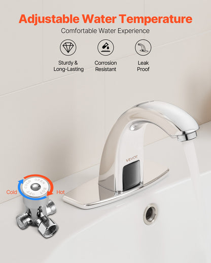 Touchless Bathroom Sink Faucet, Automatic Motion Sensor Restroom Toilet Faucet with Hole Cover Plate, Battery Operated,Adjustable Temp for 9.5 mm Pipe Commercial Lavatory,Chrome Plated Silver