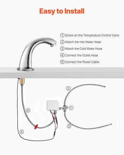 Touchless Bathroom Sink Faucet, Automatic Motion Sensor Restroom Toilet Faucet with Hole Cover Plate, Battery Operated,Adjustable Temp for 9.5 mm Pipe Commercial Lavatory,Chrome Plated Silver