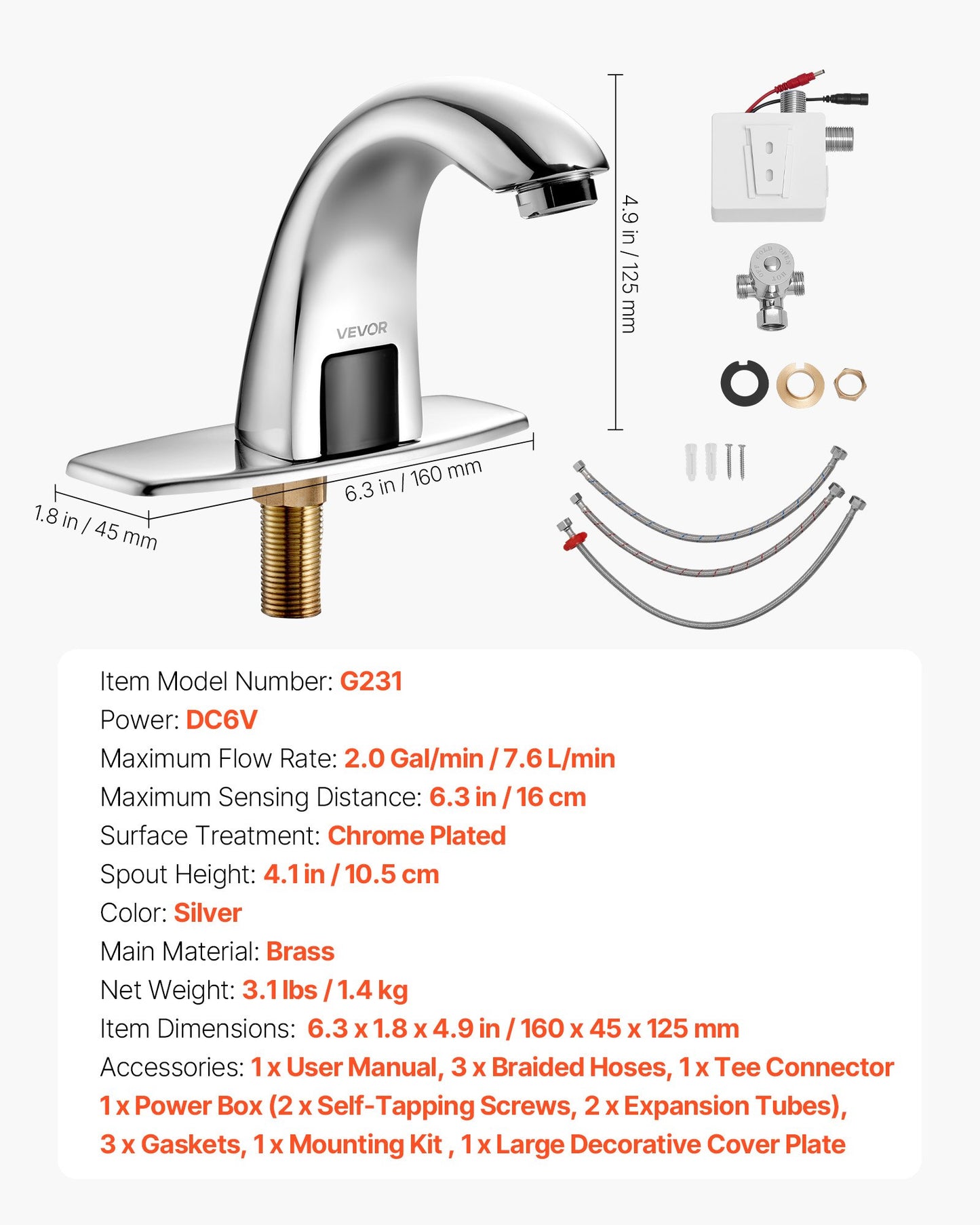 Touchless Bathroom Sink Faucet, Automatic Motion Sensor Restroom Toilet Faucet with Hole Cover Plate, Battery Operated,Adjustable Temp for 9.5 mm Pipe Commercial Lavatory,Chrome Plated Silver