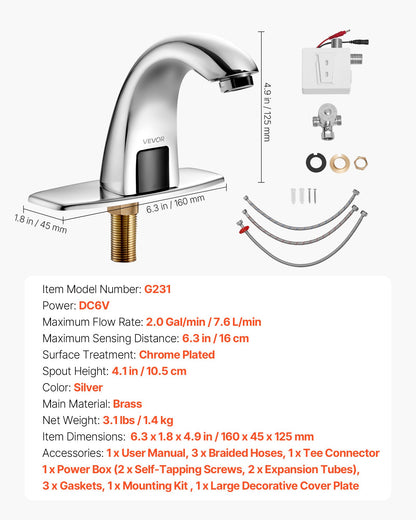 Touchless Bathroom Sink Faucet, Automatic Motion Sensor Restroom Toilet Faucet with Hole Cover Plate, Battery Operated,Adjustable Temp for 9.5 mm Pipe Commercial Lavatory,Chrome Plated Silver