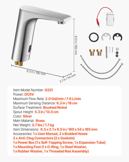 Touchless Bathroom Sink Faucet, Automatic Motion Sensor Restroom Toilet Faucet, HandsFree Adjustable Cold Hot Single Handle Water Mixer Battery Operated for 9.5 mm Pipe,Brushed Nickel Silver