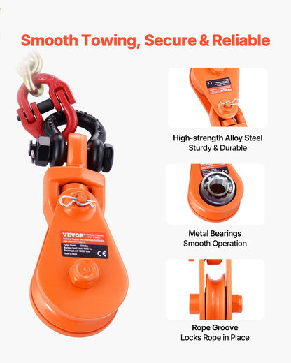 2 Ton Snatch Block with G80 Chain, Swivel Shackle, 3" Sheave for 3/8" Wire Rope, Snatch Block Pulley for Towing and Recovery Applications on Flatbed Tow Truck Rollback Wrecker Car Carrier Cable