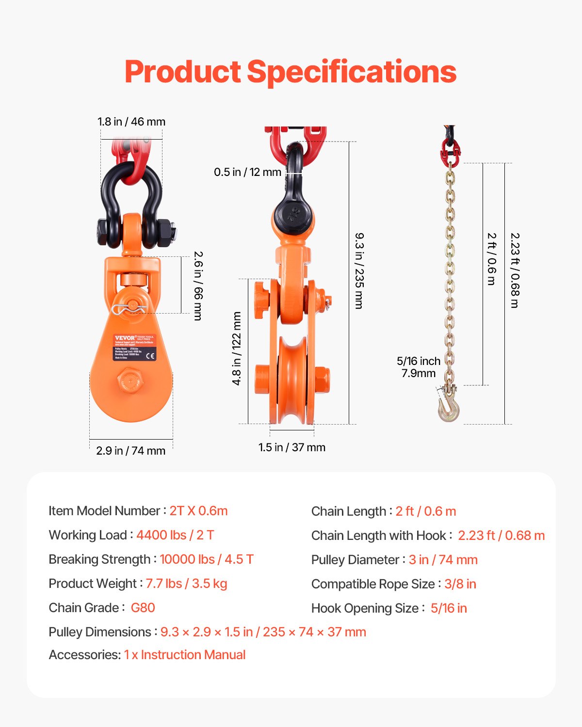 2 Ton Snatch Block with G80 Chain, Swivel Shackle, 3" Sheave for 3/8" Wire Rope, Snatch Block Pulley for Towing and Recovery Applications on Flatbed Tow Truck Rollback Wrecker Car Carrier Cable