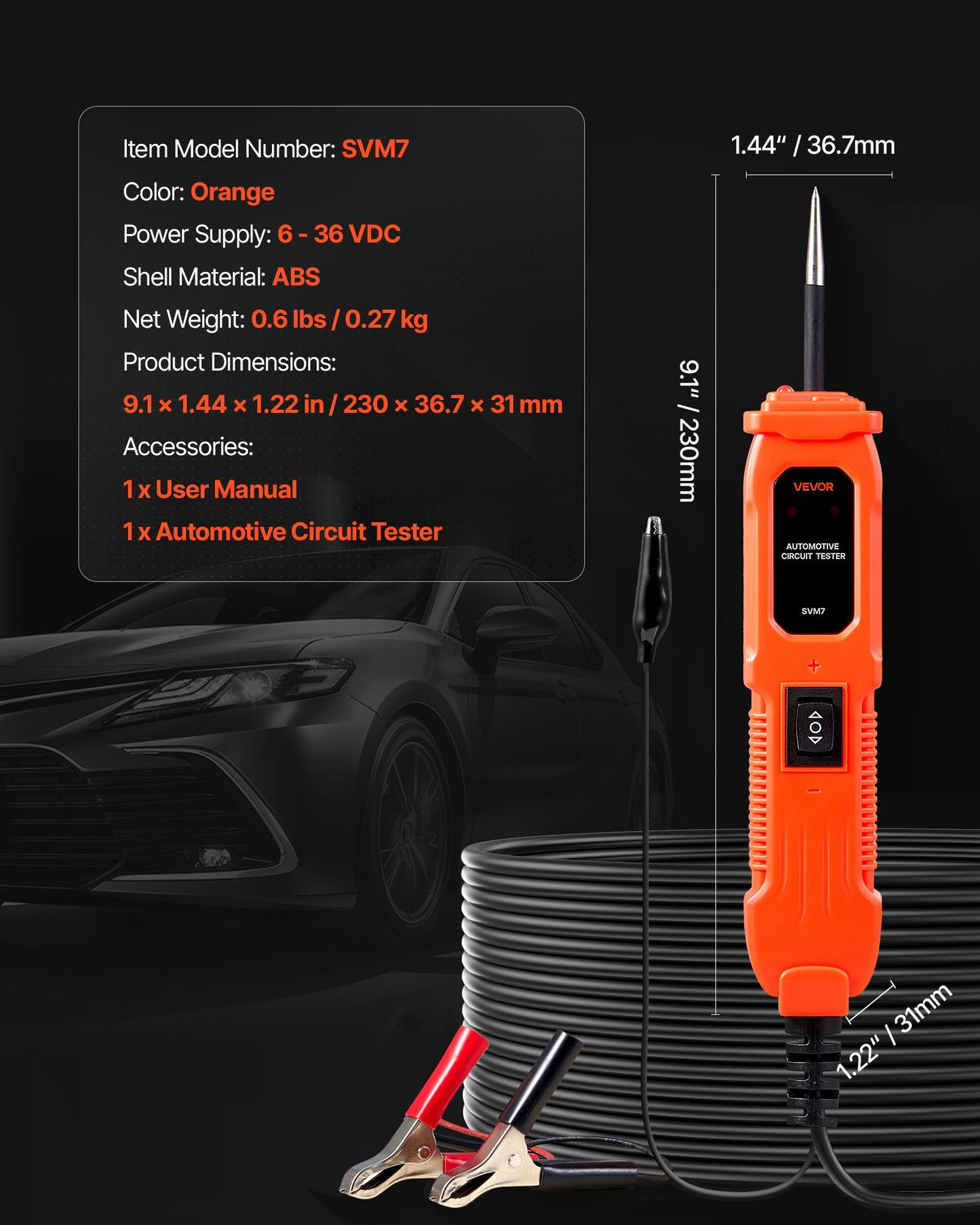 Automotive Circuit Tester, 6 - 36 DCV Power Circuit Probe Tester with Lighting, Automotive Power Tester Probe with 13 ft / 4 m Cable, ABS Shell Wire Detector Finder for Sedan, SUV, RV, Truck