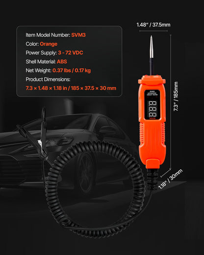 Automotive Circuit Tester, 3 - 72 DCV Power Circuit Probe Tester with LED Screen and Lighting, Automotive Power Tester Probe with 11.5 ft / 3.5 m Cable, ABS Shell Electrical Detector Finder