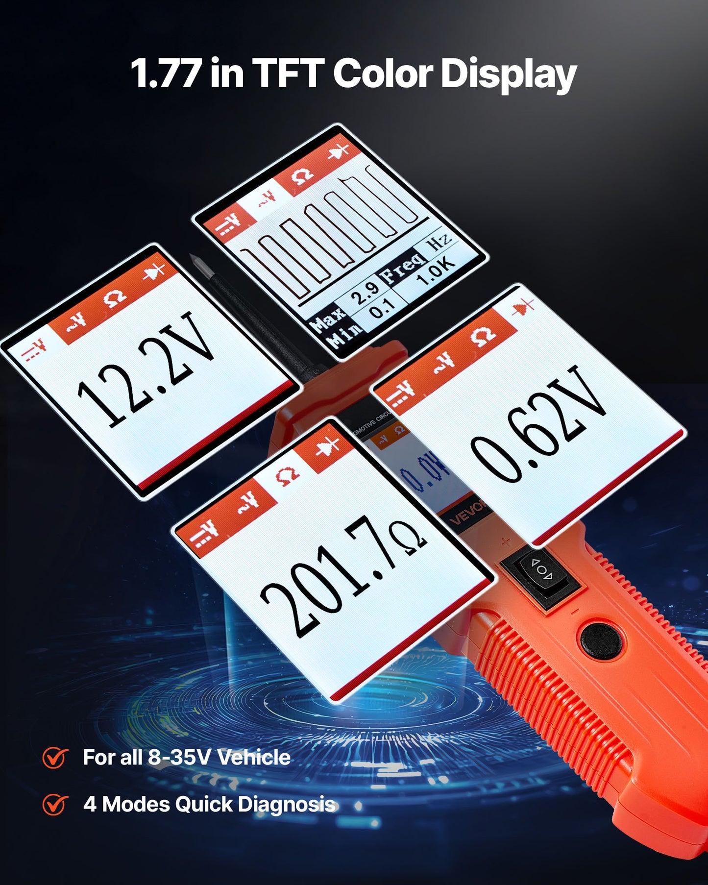 Automotive Circuit Tester, 8 - 35 DCV Power Circuit Probe Tester with TFT Color Display and Lighting, Automotive Power Tester Probe with 13 ft / 4 m Cable, ABS Shell Electrical Detector Finder