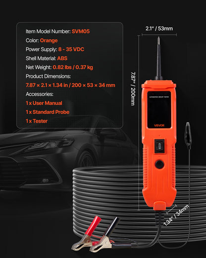 Automotive Circuit Tester, 8 - 35 DCV Power Circuit Probe Tester with TFT Color Display and Lighting, Automotive Power Tester Probe with 13 ft / 4 m Cable, ABS Shell Electrical Detector Finder