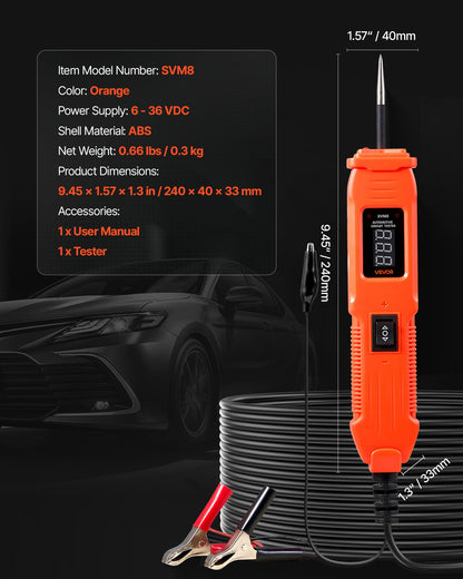 Automotive Circuit Tester, 6 - 36 DCV Power Circuit Probe Tester with LED Screen and Lighting, Automotive Power Tester Probe with 13 ft / 4 m Cable, ABS Shell Electrical Detector Finder