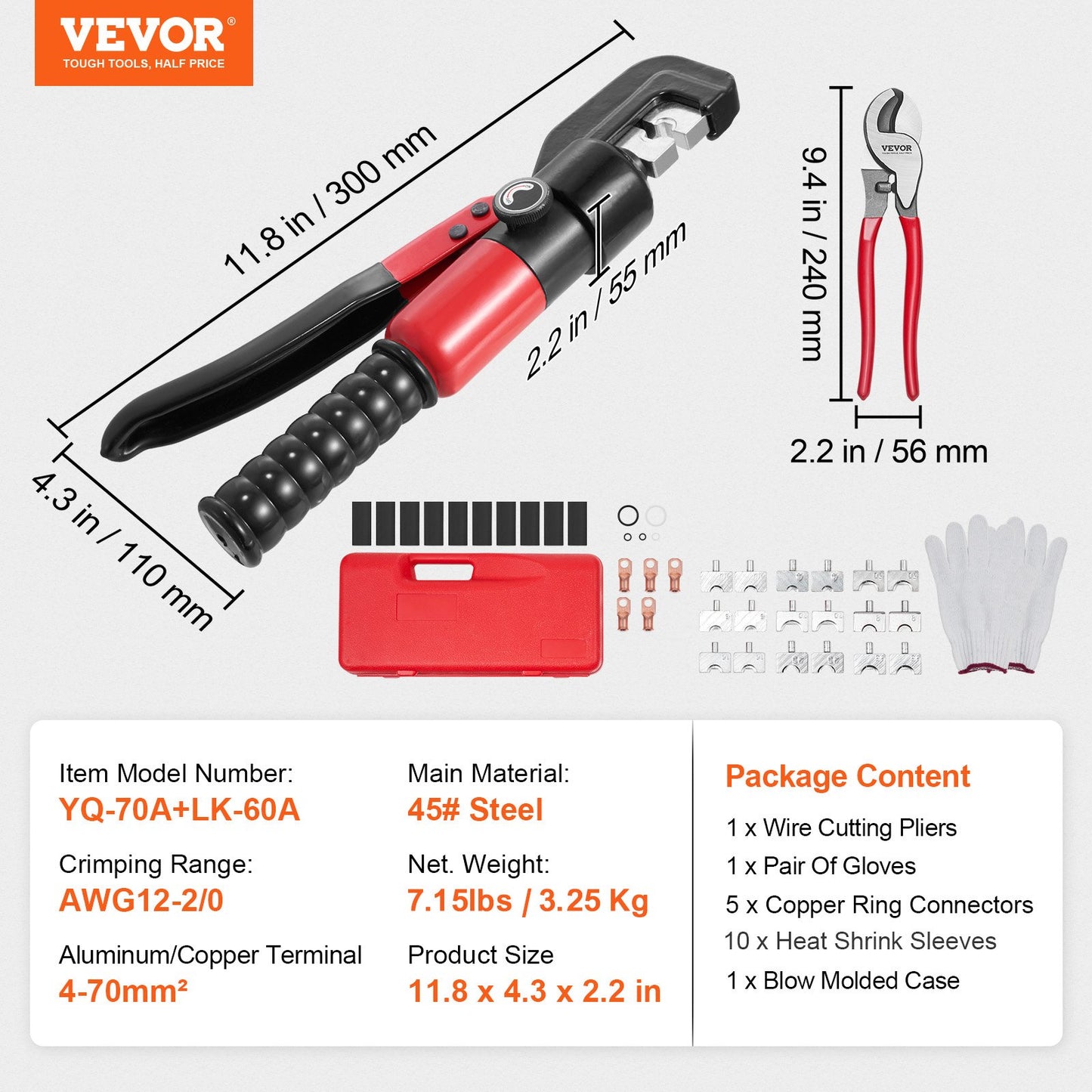 Hydraulic Crimping Tool with 9 Sets of Dies AWG12-2/0 Copper And Aluminum Terminal Battery Lug Crimper, with a Cutting Pliers, Gloves, 5pcs Copper Ring Connectors, 8pcs Heat Shrink Sleeves