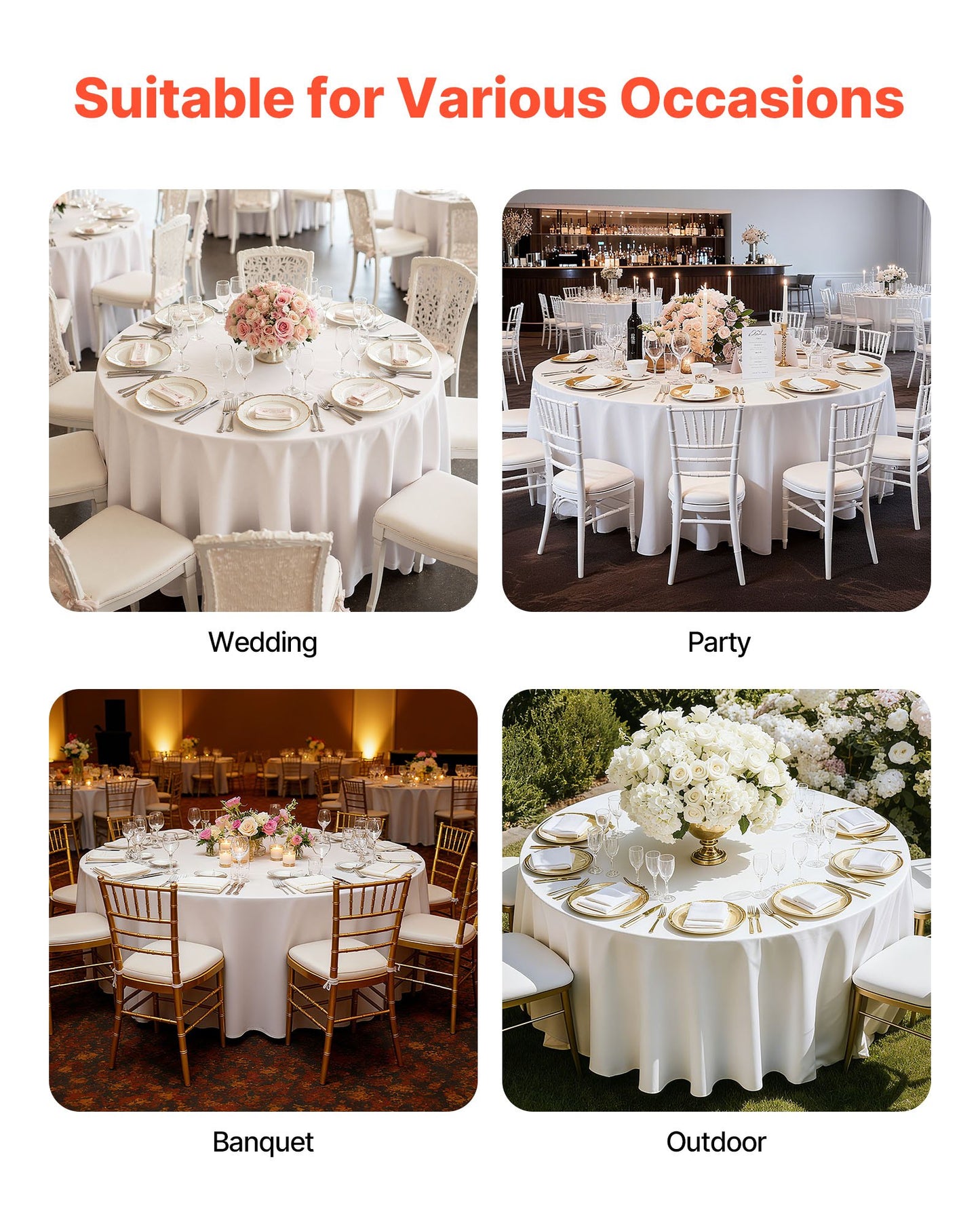 Vita runda bordsdukar 6-pack, 120 tum i diameter, fläck- och skrynkelbeständiga, maskintvättbara bordsdukar, bordsdukar i polyestertyg för bröllop, fest, bankett, formella evenemang