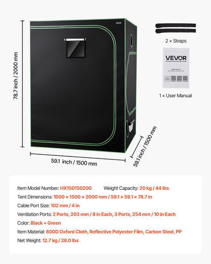Inomhusväxttältkit, 150 x 150 x 200 cm, inomhusväxttält med fullspektrum LED-växtljus och ventilationssystem, 600D högreflekterande Mylar, odlingstält för blomstergrönsaker