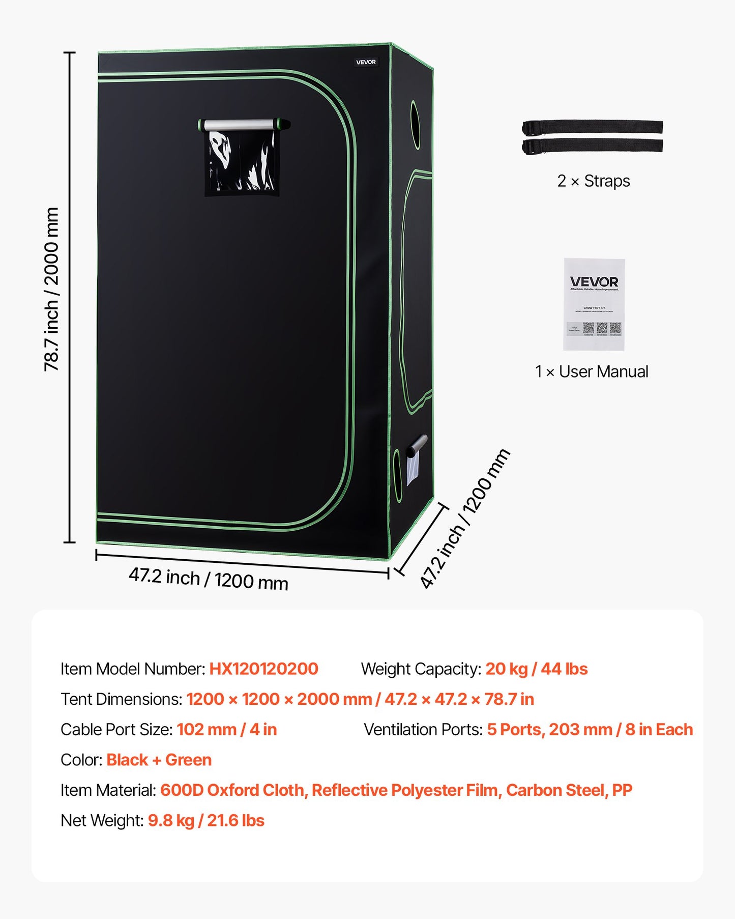 Inomhusodlingstält, 120 x 120 x 200 cm, 600D högreflekterande Mylar, inomhusväxttält med observationsfönster, golvbricka och dragkedja, kraftiga odlingstält för frukt, blommor och grönsaker