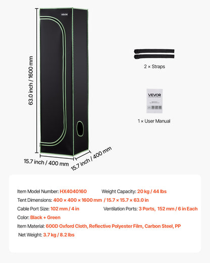 Indoor Grow Tent, 40 x 40 x 160 cm, 600D High Reflective Mylar, Indoor Plant Tent with Observation Window, Floor Tray & Zipper, Heavy Duty Growing Tents for Fruit Flower Veggie