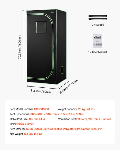 Inomhusodlingstält, 80 x 80 x 180 cm, 600D högreflekterande Mylar, inomhusväxttält med observationsfönster, golvbricka och dragkedja, kraftiga odlingstält för frukt, blommor och grönsaker