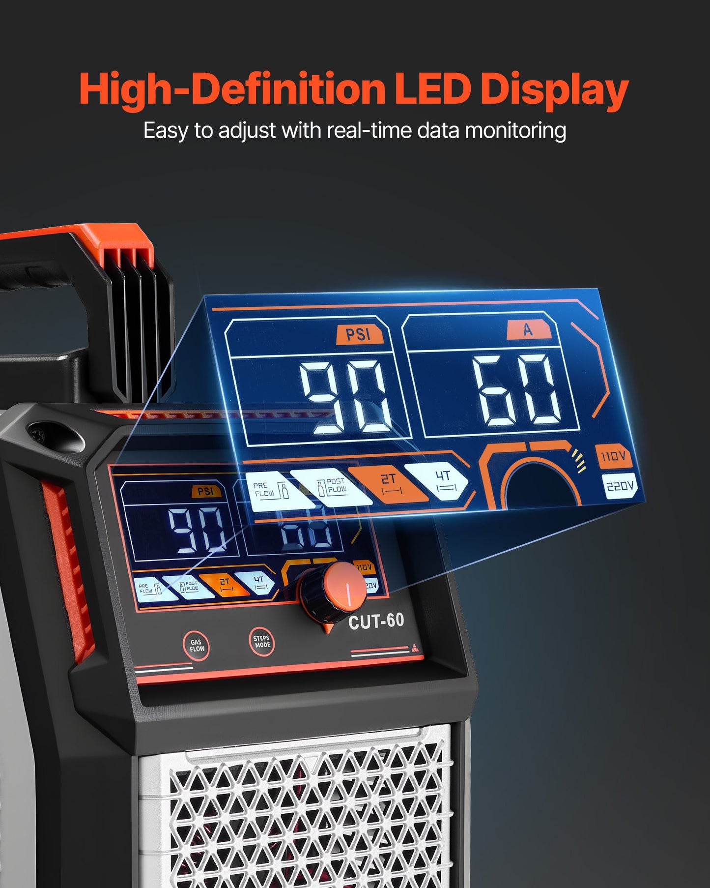 Plasmaskärare, 60A beröringsfri pilotbågsplasmaskärmaskin, digital display IGBT-växelriktare - med 2T/4T-funktion och justerbar PA/PT-tid för industriellt bruk (400V 3-fas strömförsörjning)